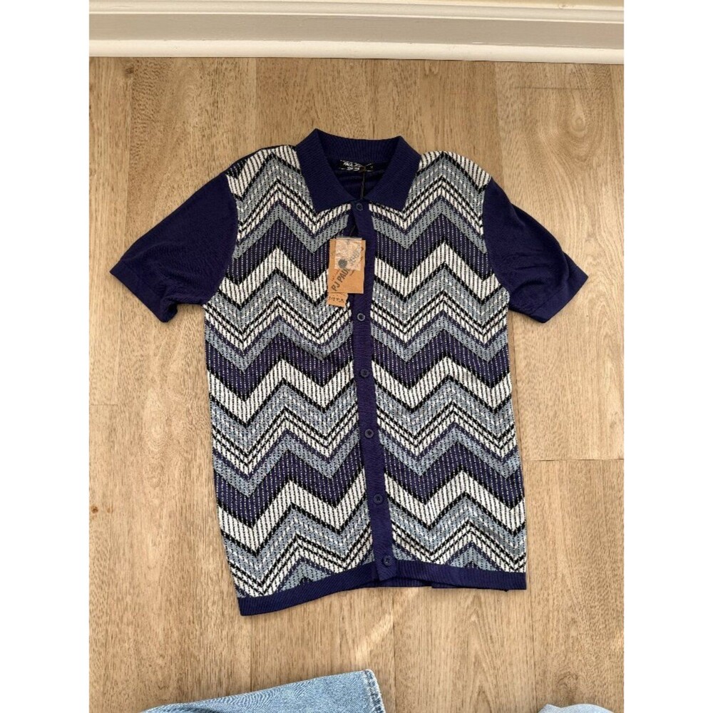 PJ Paul Jones Shirt Mens Small Blue Chevron Knit Button Down Retro Old Money